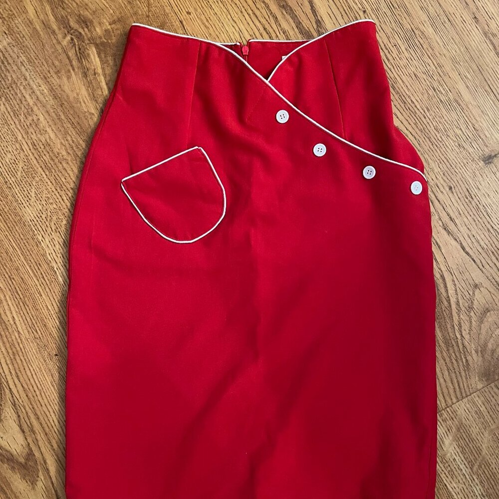 Bettie Page Red Wiggle Skirt With White Buttons And Pocket Detail, Size Small